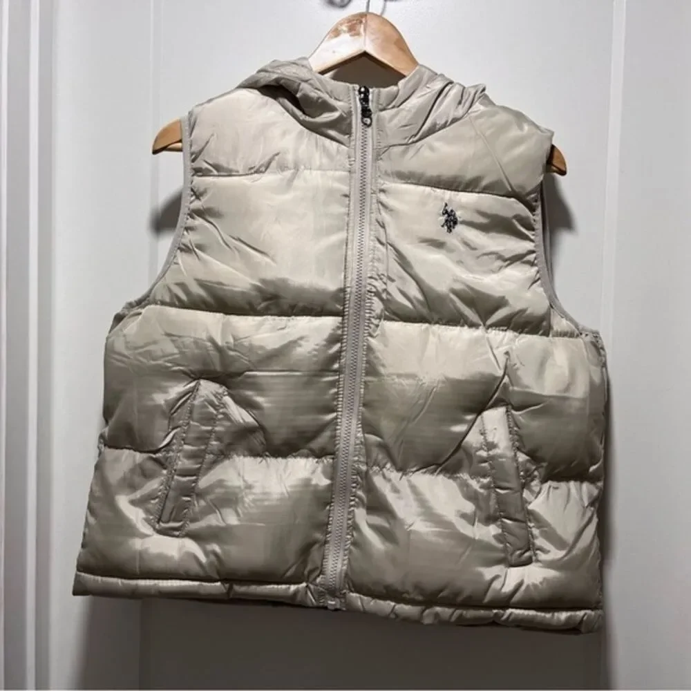 US Polo Puffer Hoodie Cropped Vest Large Women's Front Zip Beige